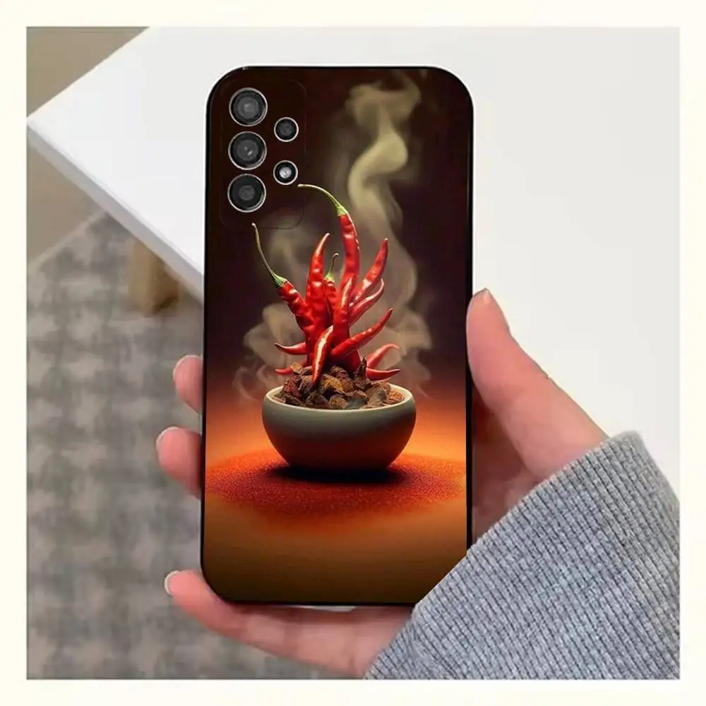 赤い唐辛子柄のスマホケース Samsung S25,S24,S23,S22,S20,S21,S10,Ultra,Plus,Lite,FE対応 ソフトシリコン製 ブラックカバー