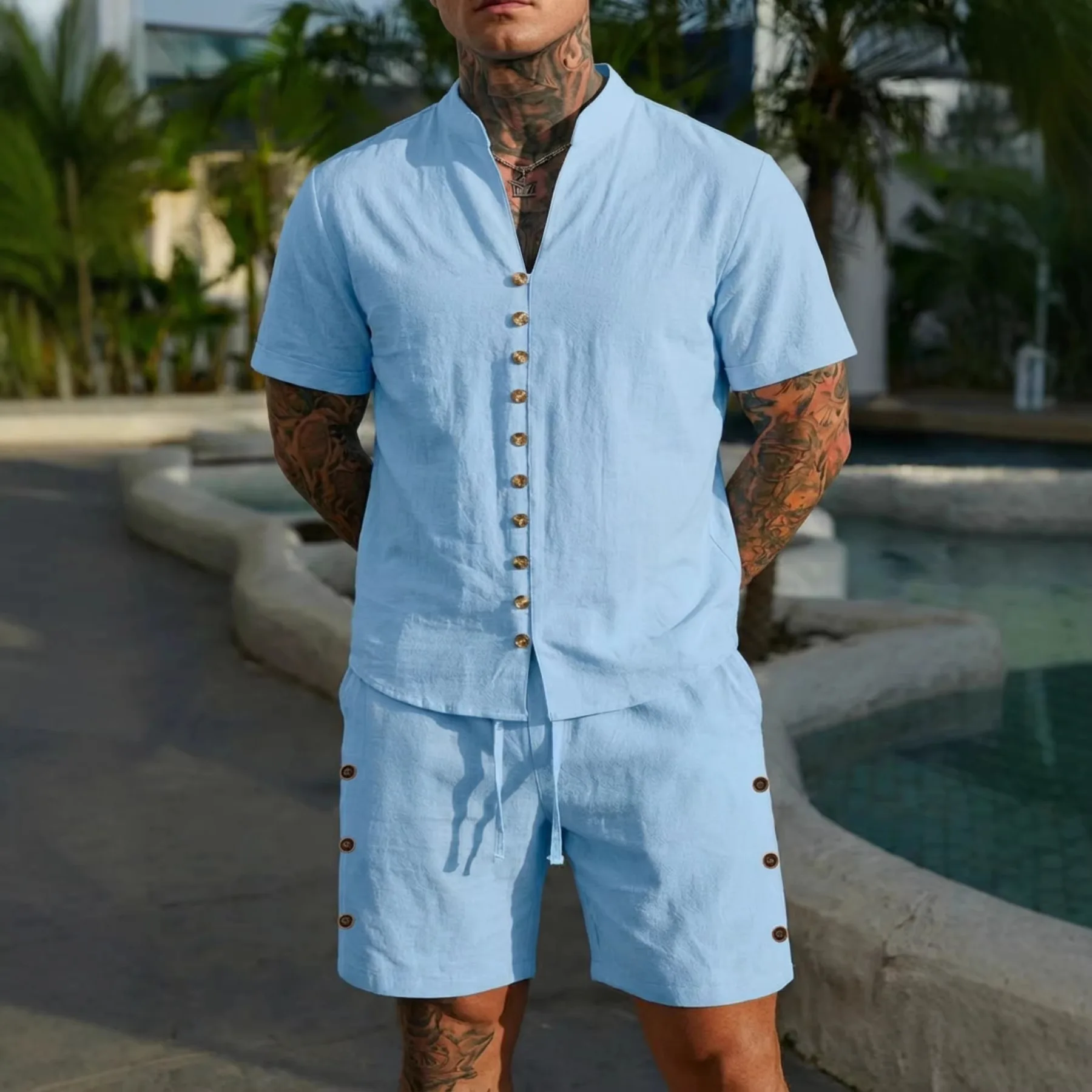 

Men's Summer Cotton Linen Short Sleeve Shirt and Shorts Set, Stand Collar Button Down Casual Beach Wear, Two Piece
