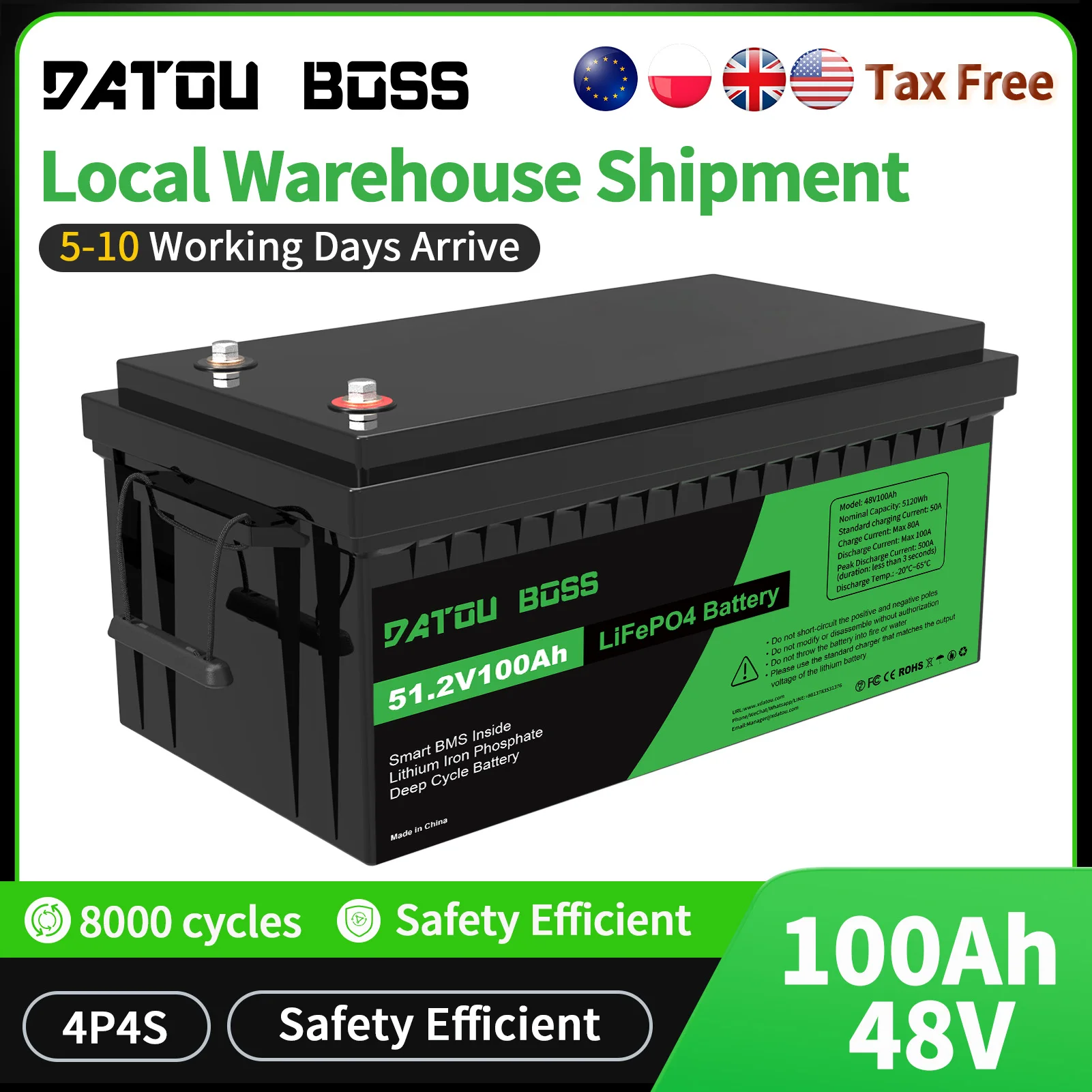 DATOUBOSS 48v batterie au Lithium 100Ah courant de décharge de crête 500A avec utilisation intelligente BMS pour onduleurs PV RV