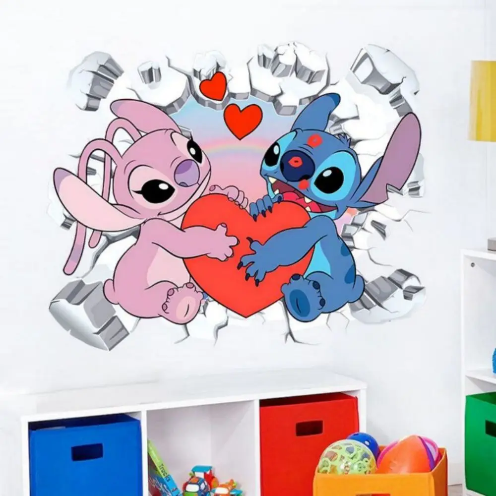 MINISO 3D Broken Wall Lilo & Stitch Wall Stickers For Kids Room Kindergarten Living Room Bedroom Wall Decoration Animated Poster