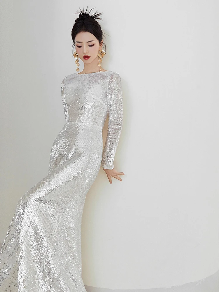 

Silver Sequin Evening Dr Long Sve Fi Tail Skirt Slimming Wedding Dr Banquet Performance Korean Sle Snow Lotus