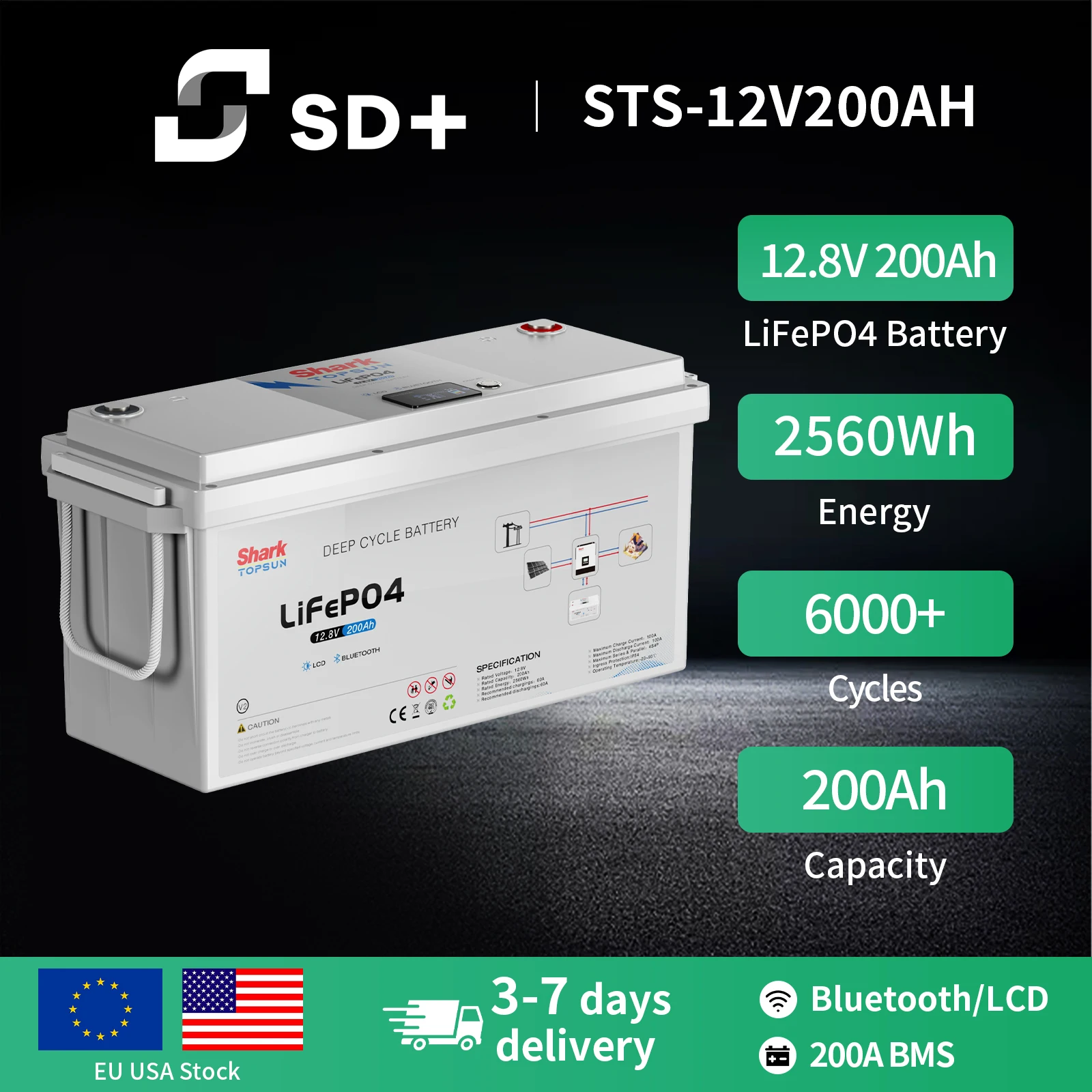 

Аккумулятор SANDISOLAR LiFePO4 12.8В 200Ач, глубокого цикла, перезаряжаемый литиевый аккумулятор 12.8В 200Ач, водонепроницаемый IP54 для автономных солнечных систем