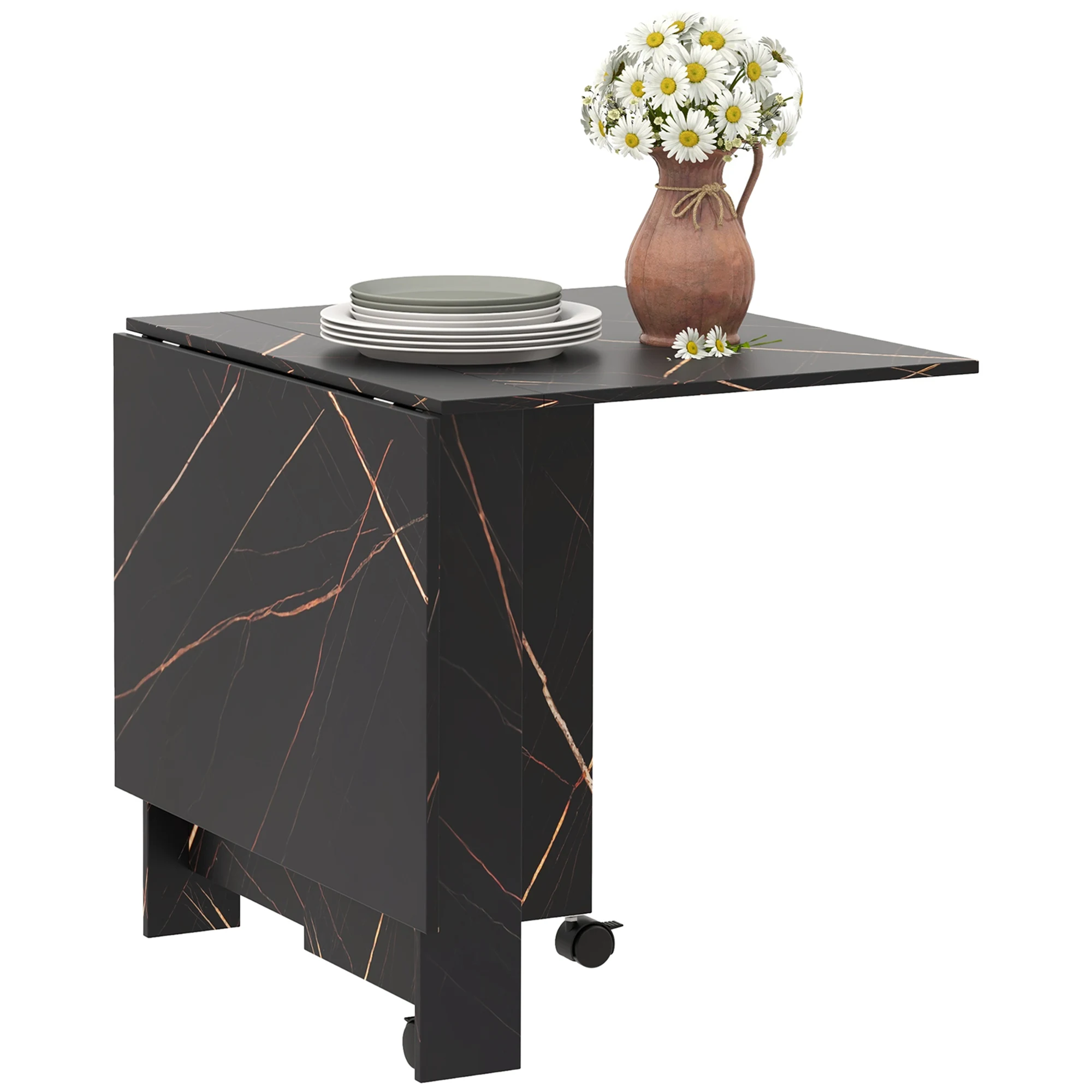 Mesa de Comedor Plegable con Ruedas y 2 Alas Abatibles Hasta 6 Personas Acabado Mármol 120x80x73 cm Negro