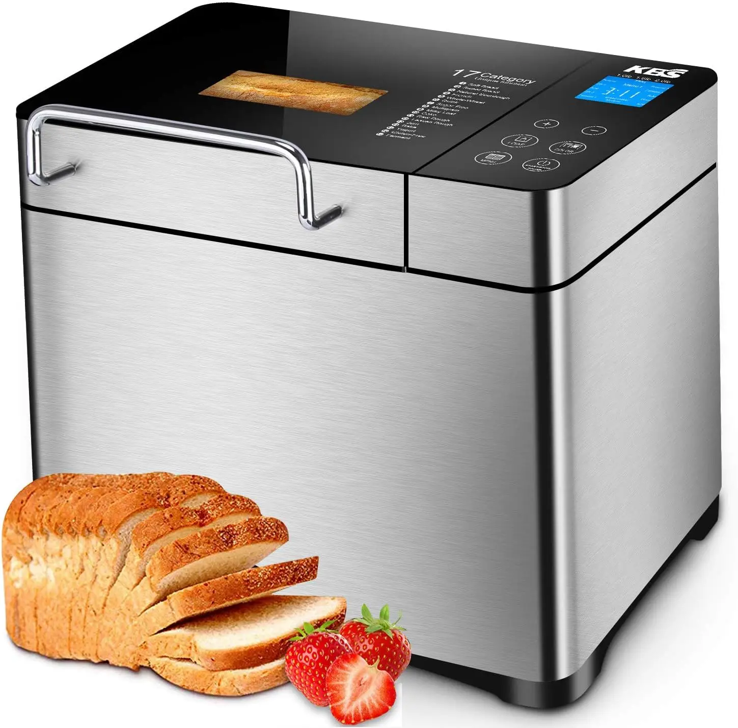 

17-in-1 Stainless Steel Bread Machine, 2LB, Programmable XL Bread Maker with Nut Dispenser, Nonstick Ceramic Pan, 3 Loaf Siz