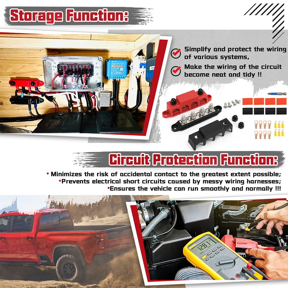 كتلة طرفية لبطارية شريط الحافلة 250 أمبير 12 فولت مع ترصيع 4 × 3/8 بوصة (M10) + 3xM4 ( # 8) براغي لأسلاك الطاقة الشمسية - سلبية وإيجابية