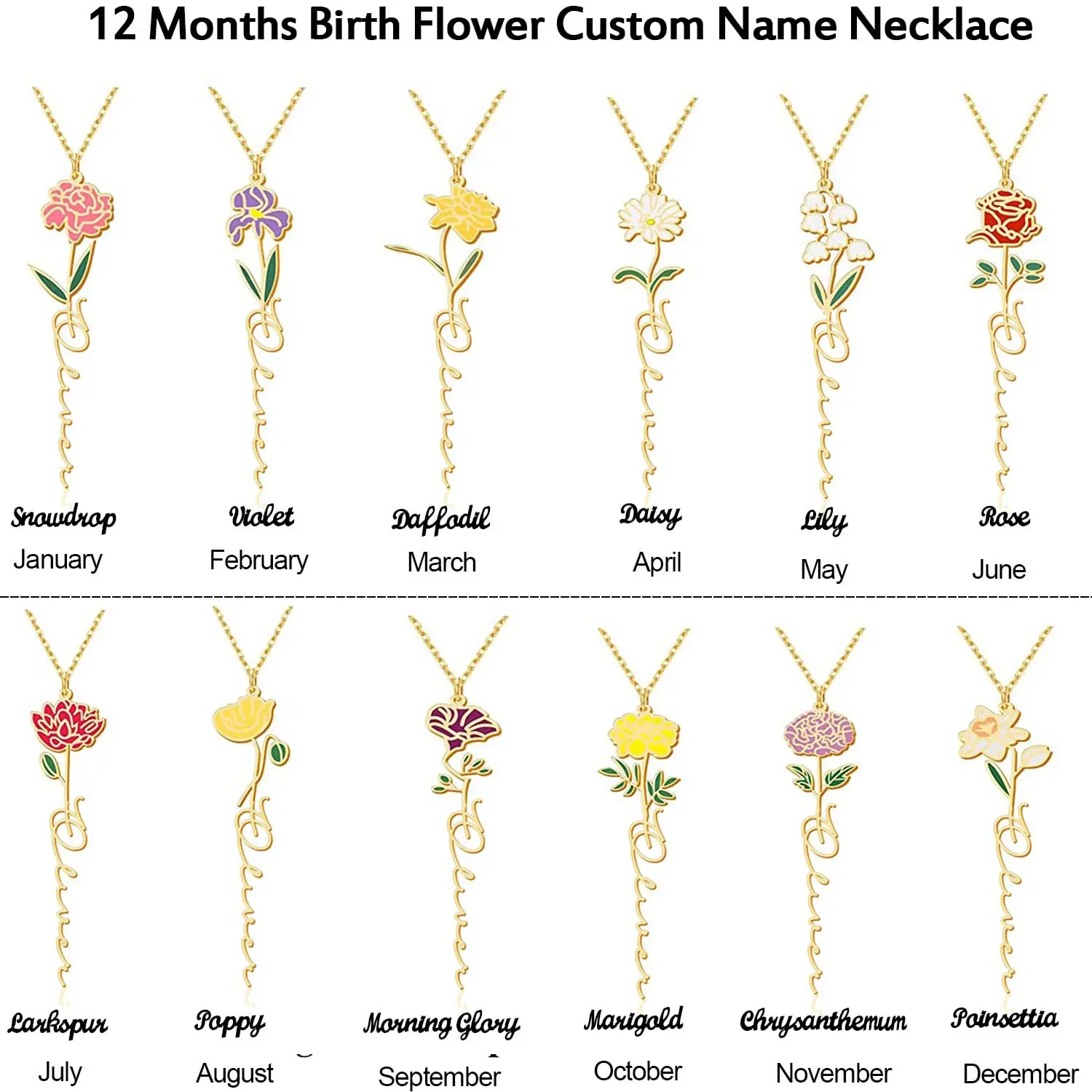 Birth Flower Necklace Custom Name Necklace Floral Name Necklace Custom Name Jewelry  Personalized Gifts For Her Birthday Gifts