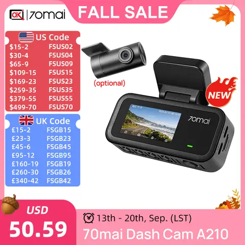 【NEW】70mai A210 Dash CamDual Channel 1080PHDR F1.6 Super Night Vision Built-in GPS Supercapacitor 24H Parking WiFi 6 APP Control
