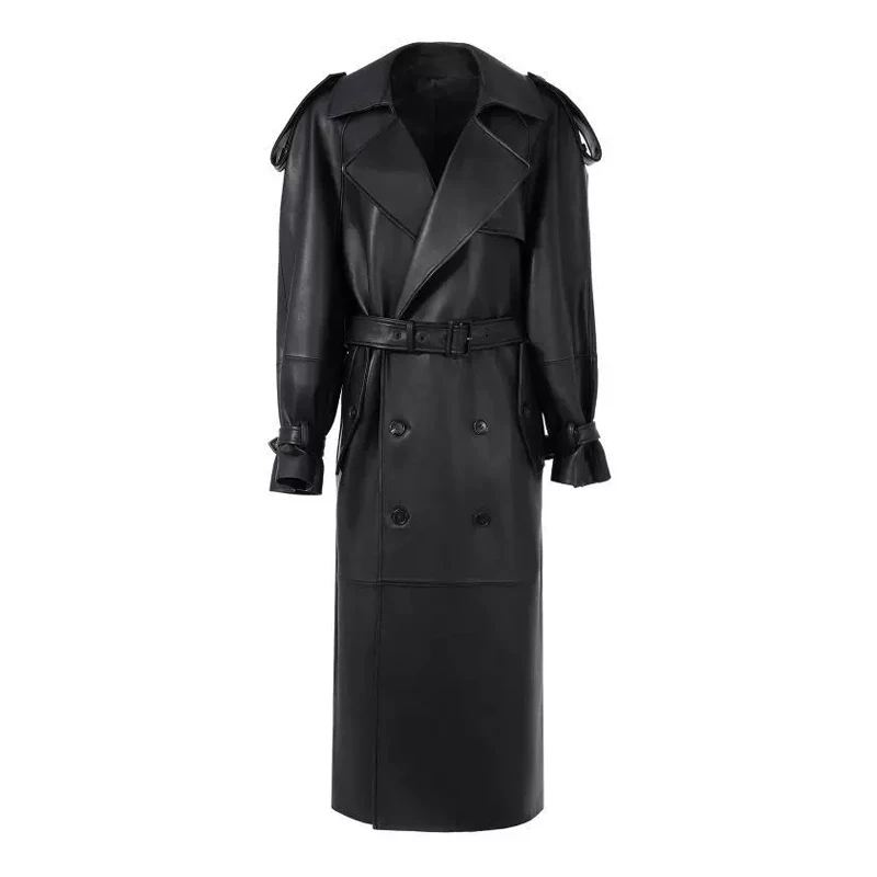 Stylowy Klasyczny Czarny Damski Płaszcz Trencz z Owczej Skóry w Kształcie Litery A, Jesień 2025, Sznurowany Pasek, Damski Płaszcz z Naturalnej Skóry, Luźny Długi Płaszcz Wierzchni