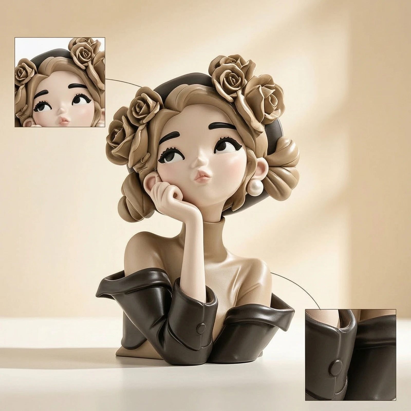Girl Figurine with Rose Headband Feminine Girl Bust Female Bust Statue Elegant Lady Figurine Sculpted for Vanity, Shelf
