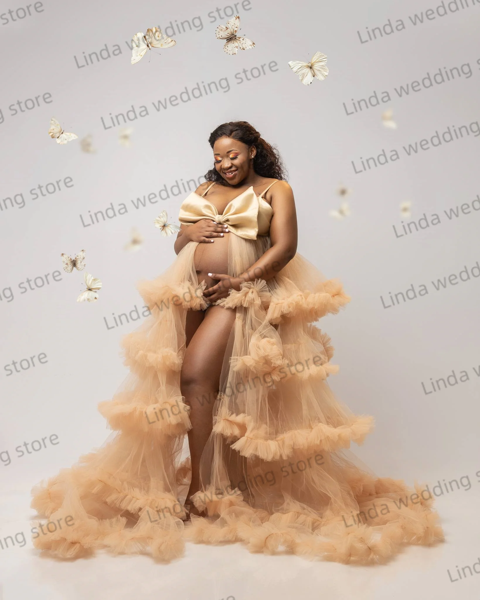 Dark Champagne Tulle Maternity Robes for Photo Shoot Sleeveless Tiered Ruffles Pregnant Women Dress Sexy Babyshower Gown