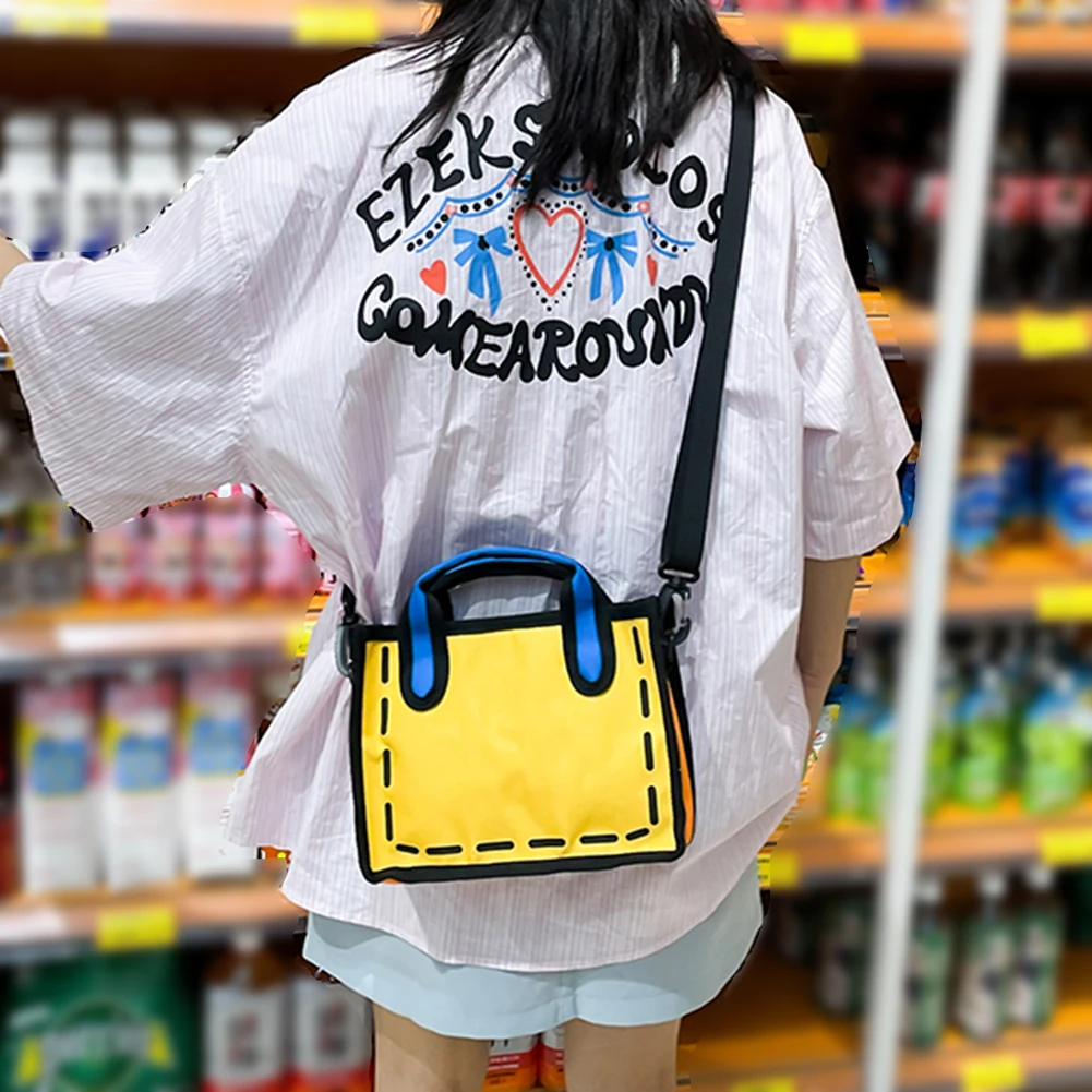 Women 2D Comic Shoulder Bag Novelty Summer Contrast Colors Fashion Adjustable Strap 3D Drawing Tote Girls 2023 New Trend Handbag