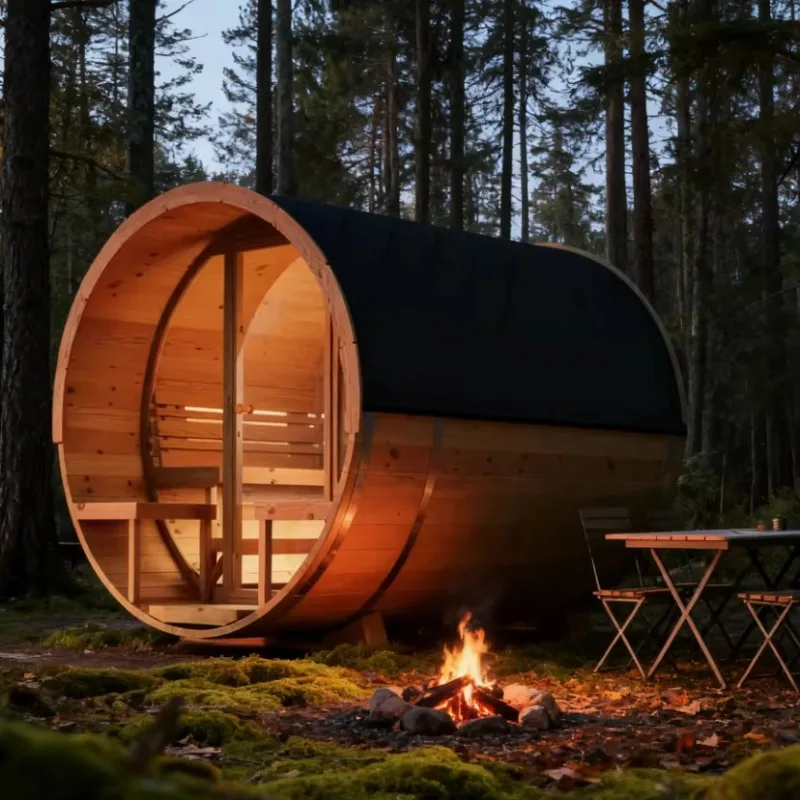 

Customized 4-8 Person Outdoor Barrel Sauna, Solid Red Cedar Wood Traditional Steam Sauna with Window and Wood Fired Stove
