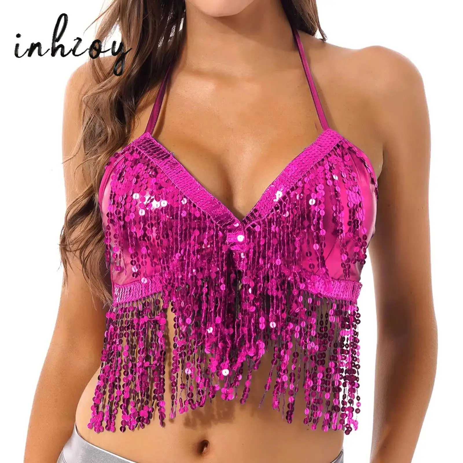 

Womens Belly Dance Bra Top Costumes Sequins Tassel Indian Belly Dancing Halter Vest Bra Nightclub Rave Dance Performance Top