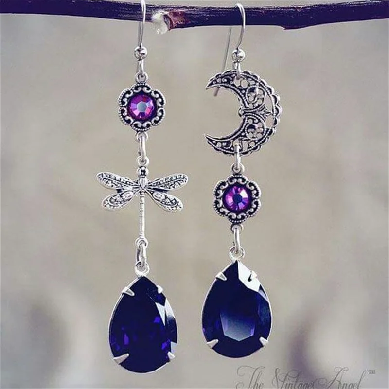 Exquisite Silver Color Waterdrop Geometry Black Purple Stone Earrings for Women Long Dangle Earrings Wedding Engagement Jewelry