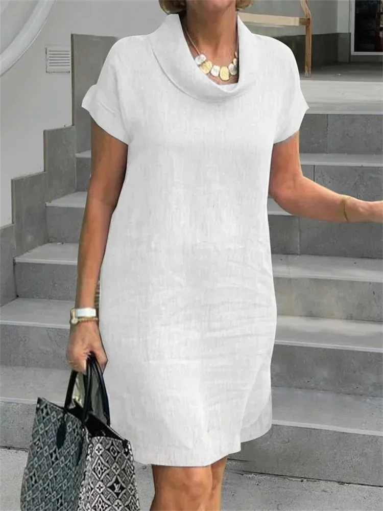 

Plus Size Fashionable Women's Dress Casual Half High Neck Dress Women's Short Sleeved Style Pocket Cotton Linen Midi Dress
