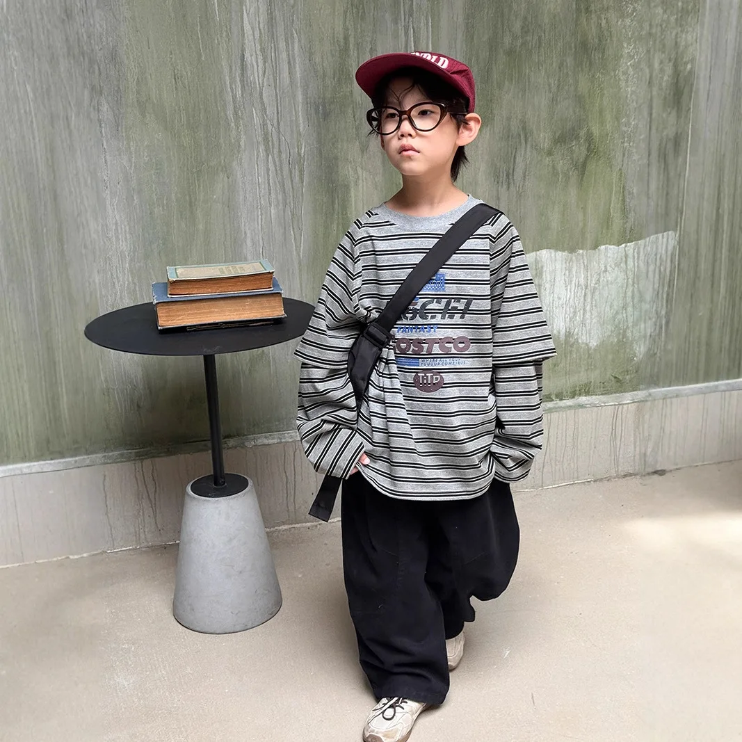 

Children Clothes Boys Long-sleeved T-shirt Spring and Autumn 2025 New Korean Style Tie-dyed Versatile Striped Fake Two Hoodie