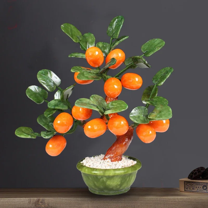 Natural Jade Kumquat Tangerinr Tree Imitation Plants Handmade Fake Bonsai Chinese Handicraft Ornaments Home Decoration