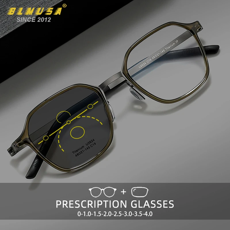 

BLMUSA Men Anti Blue Ray Reading Glasses Polygon Progressive Photochromic Glasses Pure Titanium Multifocal Prescription Glasses