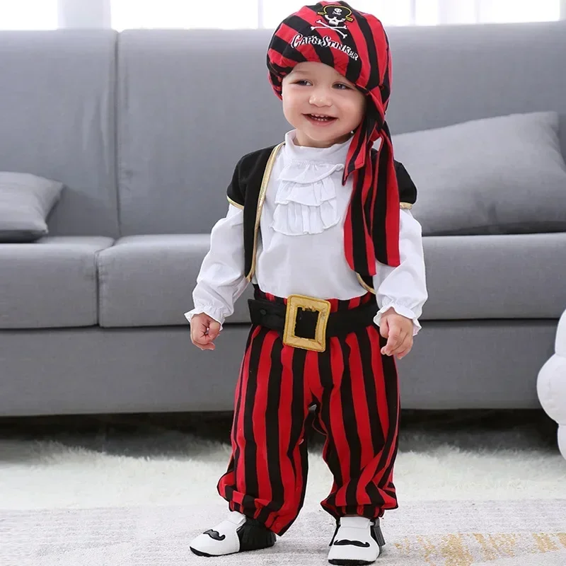 Cosplay Cavaliere Rosso Capitano Pirata Vestito per bambini Tute per bambini Pagliaccetto Costume di Halloween Festa in maschera Puntelli per spettacoli teatrali Anime