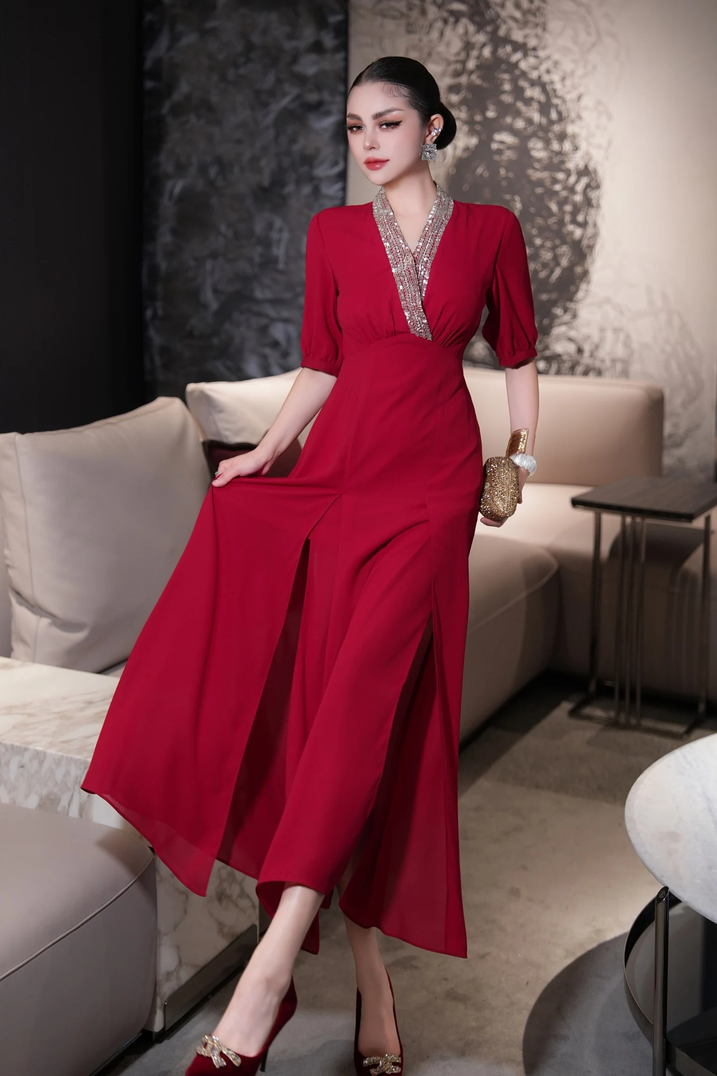 Meyyithun vestido feminino com decote em v frisado manga curta vermelho midi vestido formal sofisticado festa roupas femininas 1117m01