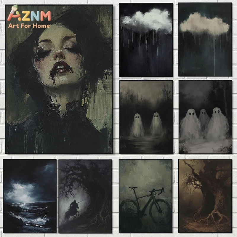 AZNM Dark Gothic Canvas Wall Art Ghost Vampire Lady Stormy Sea Spooky Tree Vintage Oil Painting Print Moody Halloween Home Decor