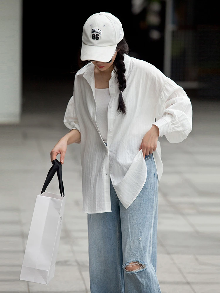 

Белая вышитая повседневная женская блузка свободного кроя для работы, легкая, с длинными рукавами, защита от УФ-излучения, летняя верхняя одежда