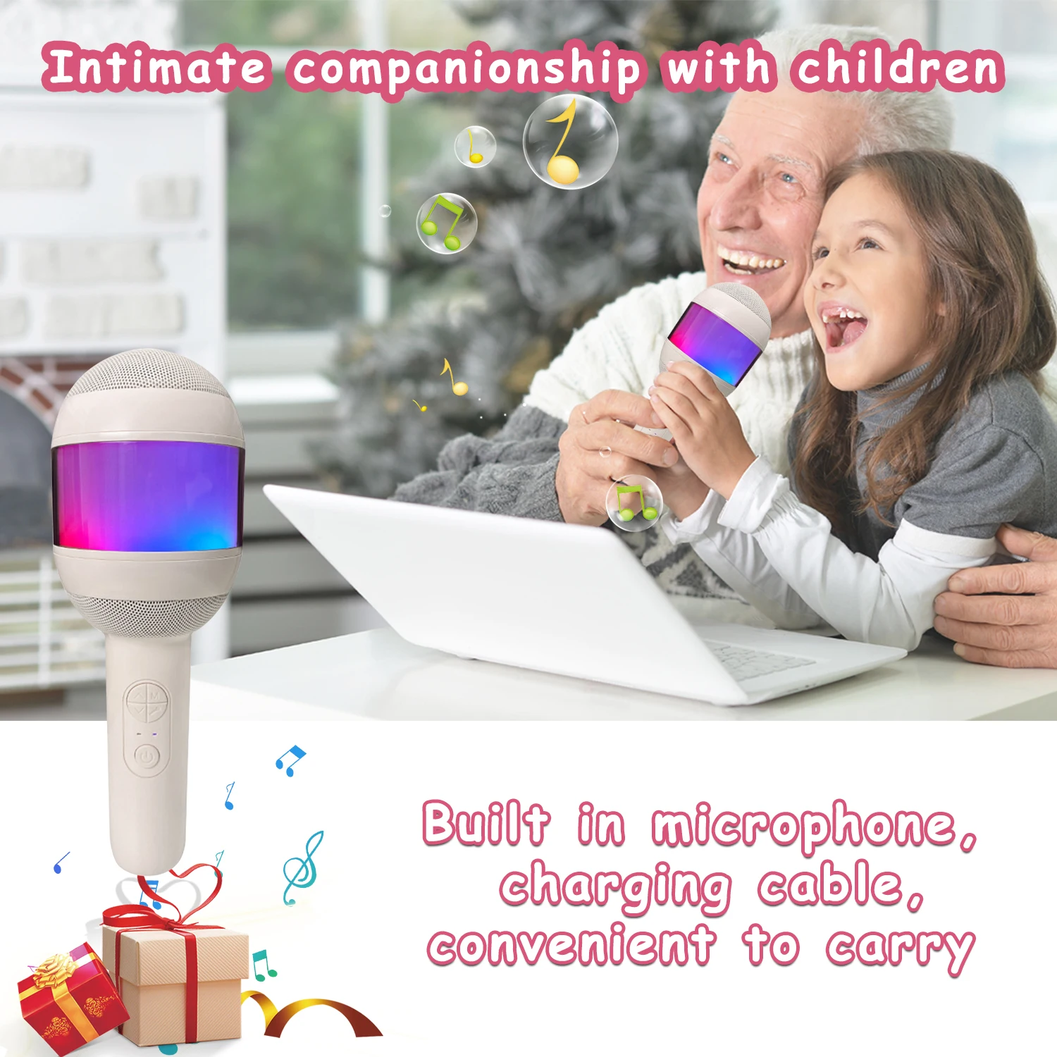 Microphone for Kids Singing 5 in 1 Wireless Bluetooth Microphone with LED Lights Machine Portable Mic Speaker Kids Gifts