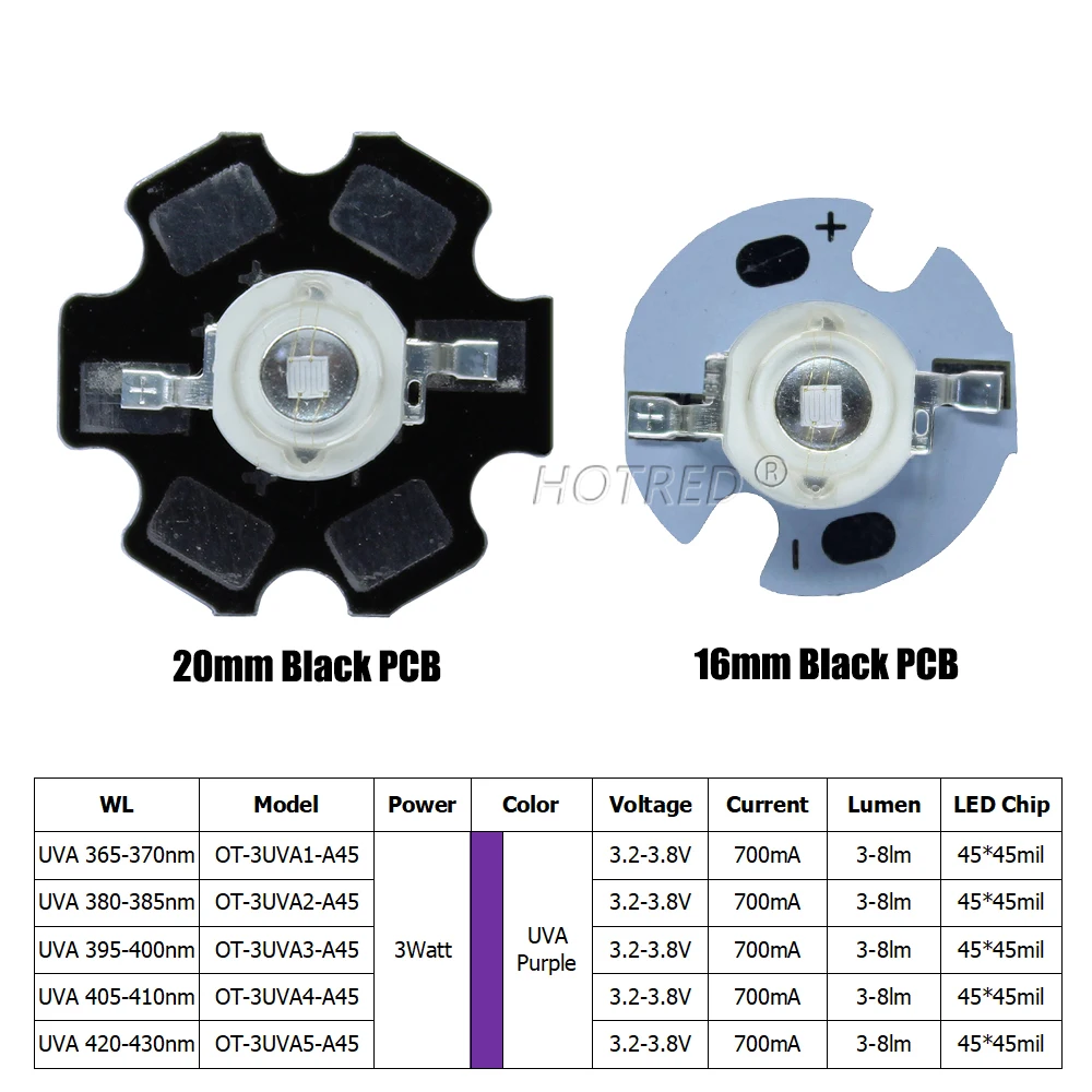 3W UV Purple High Power LED Lamp Chip 365nm 370nm 380nm 385nm 395nm 400nm 405nm 410nm 420nm  Beads Ultra Violet Light With PCB