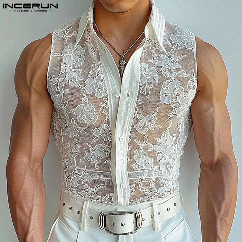 INCERUN Tops 2024 Korean Style Fashion Men\'s Perspective Lace Floral Design Shirt Sexy Summer Thin Sleeveless Lapel Blouse S-5XL