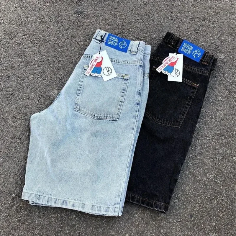 Big Boy Bordado Denim Shorts, Hip Hop Jeans, Streetwear Gráfico Dos Desenhos Animados, Shorts Retro Y2K Baggy, Ginásio de Basquete para Homens, Harajuku