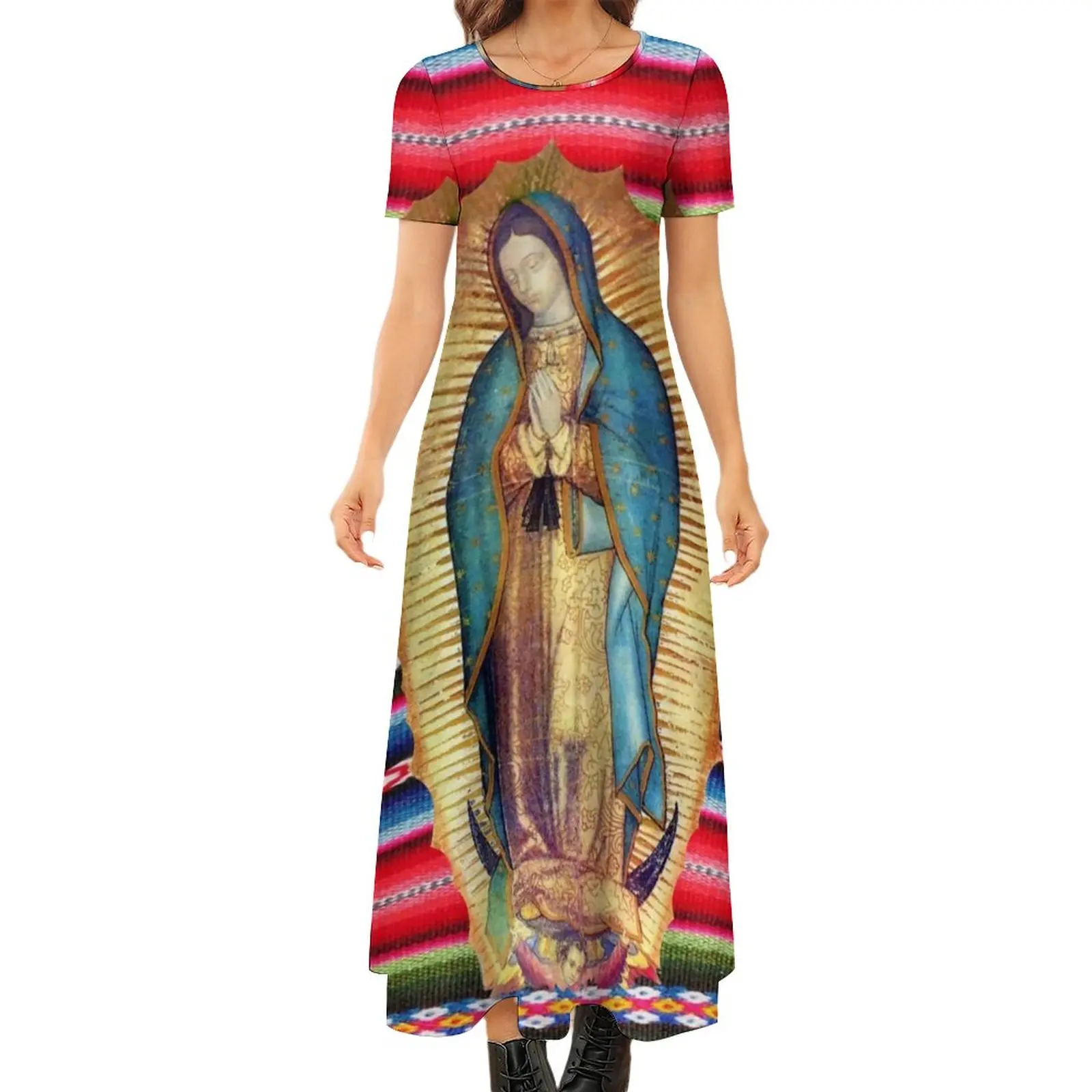 

Virgin Mary Print Dress Our Lady of Guadalupe Street Wear Bohemia Long Dresses Woman Modern Maxi Dress Birthday Gift