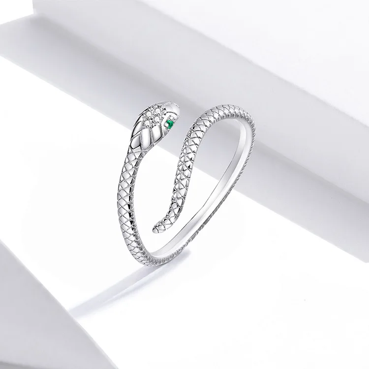 Snake Ring for Women S925 Silver Adjustable Rings Green Zircon Retro Fine Jewelry Pretty Textures Design