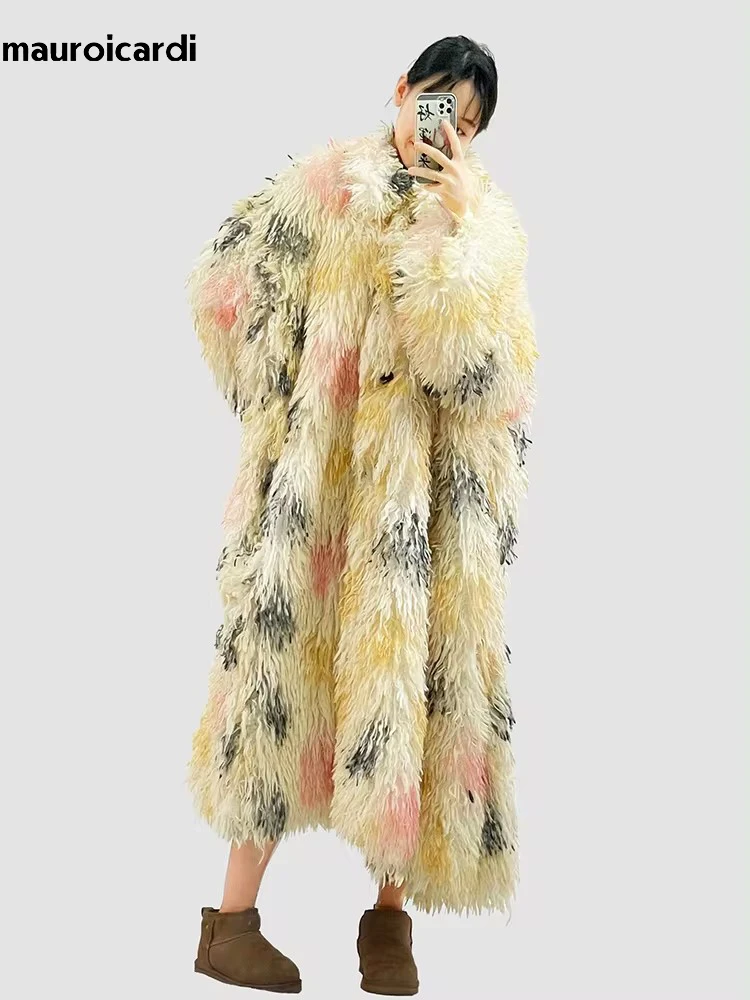 Winter Long Oversized Colorful Shaggy Hairy Thick Warm Faux Mongolian Fur Coat Women Loose Casual Fluffy Korean Fashion 2024