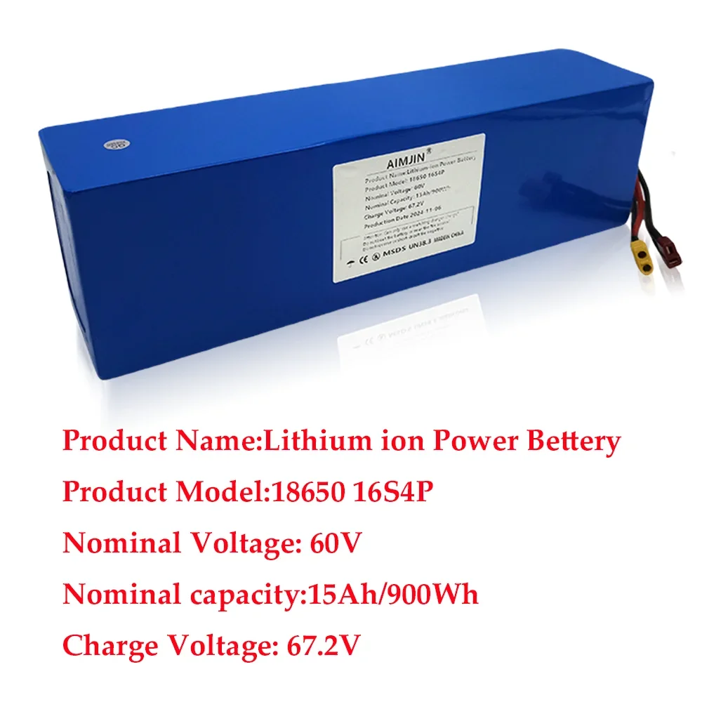 60V 15Ah battery 18650 16S4P 15000mAh 900Wh high-power lithium battery with built-in BMS lithium-ion battery pack