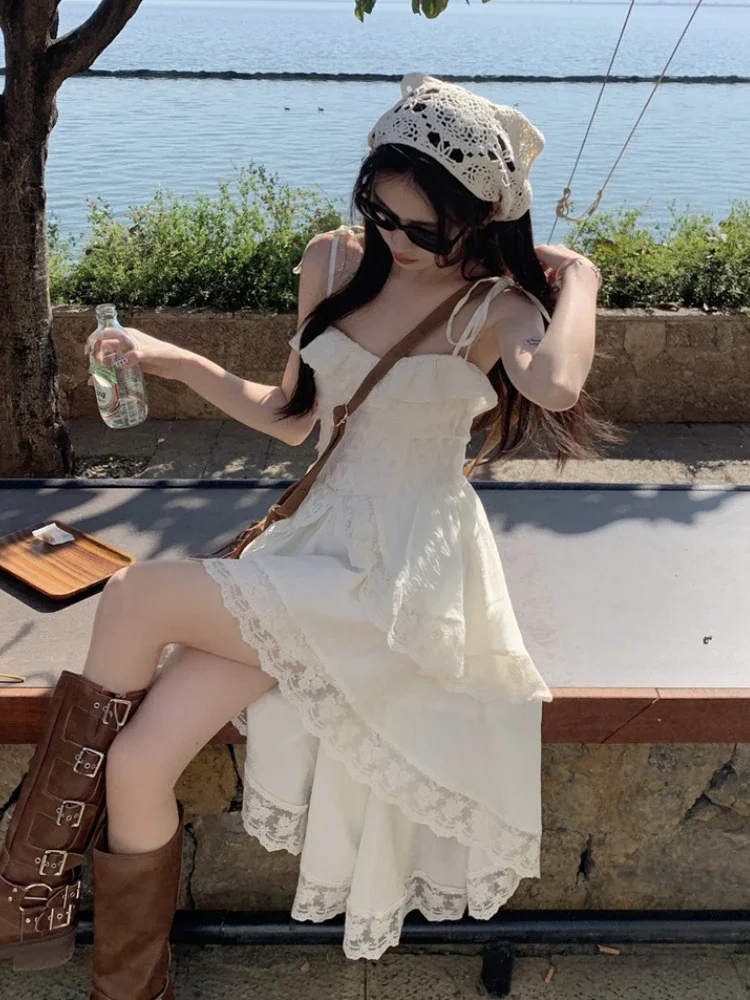 French Elegant Irregular Slip Dress Women Ruffles Designer Sexy Sweet Fairy Dress Female 2024 Summer Fashion Korean Party Dress