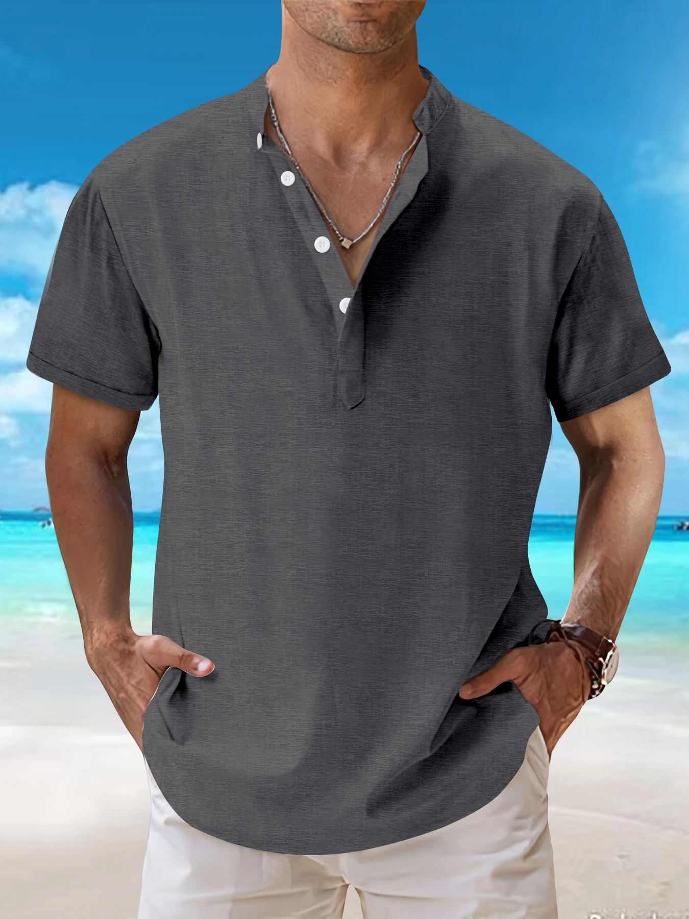 2024 summer trend stand collar solid color short-sleeved shirt button design men's casual shirt outdoor street wear handsome top