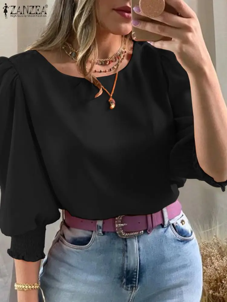 ZANZEA 2024 Summer Streetwear Blouse Solid Women Puff 3/4 Sleeve Blusa Fashion Pleating Elegant Round Neck Shirt Casual Y2k Tops