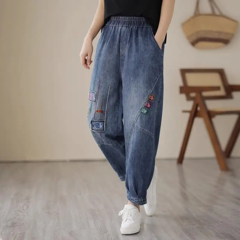 Jeans Women's Autumn/Winter New Embroidery Large Size Women's Elastic High Waist Versatile Look Thin Haren Pants Chubbing Pants