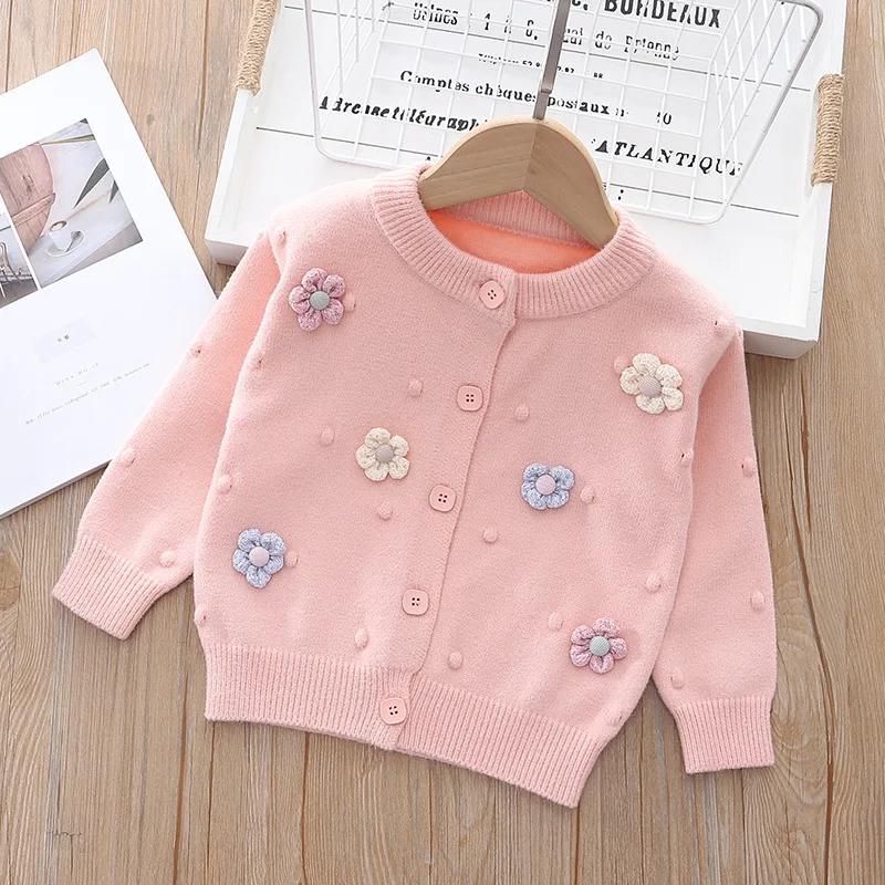 Children\'s Sweaters Polka Dot Handmade Flower Knitwear Kids Clothes Girls Toddler Cardigan Winter Clothes for Girls