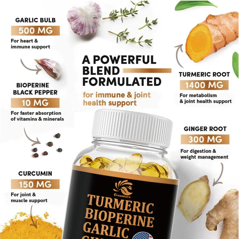 Greensure Turmeric, Ginger Root, Garlic Pills, Black Pepper Capsule for Joint, Digestion & Immune Support - 60/120 Capsules