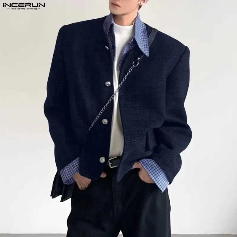 INCERUN 男性ジャケットパッチワークラペル長袖ボタンカジュアルコート男性ストリート 2025 韓国スタイルファッション男性ジャケット S-5XL