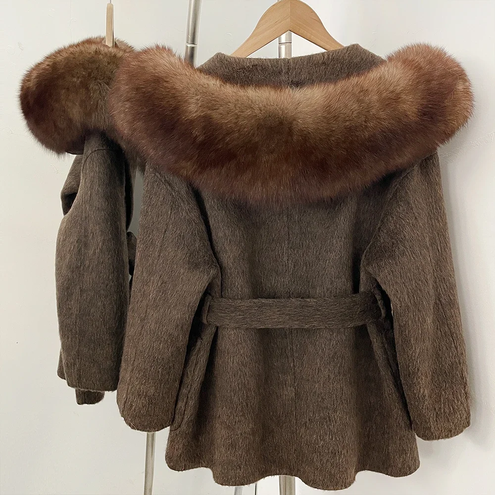 OFTBUY Winter Warme Dicke Wollbekleidung Luxuriöser Taillierter Damen-Wollmantel mit Gürtel und Echtem Pelzkragen Kapuzen-Wollmantel für Damen – Detail 27