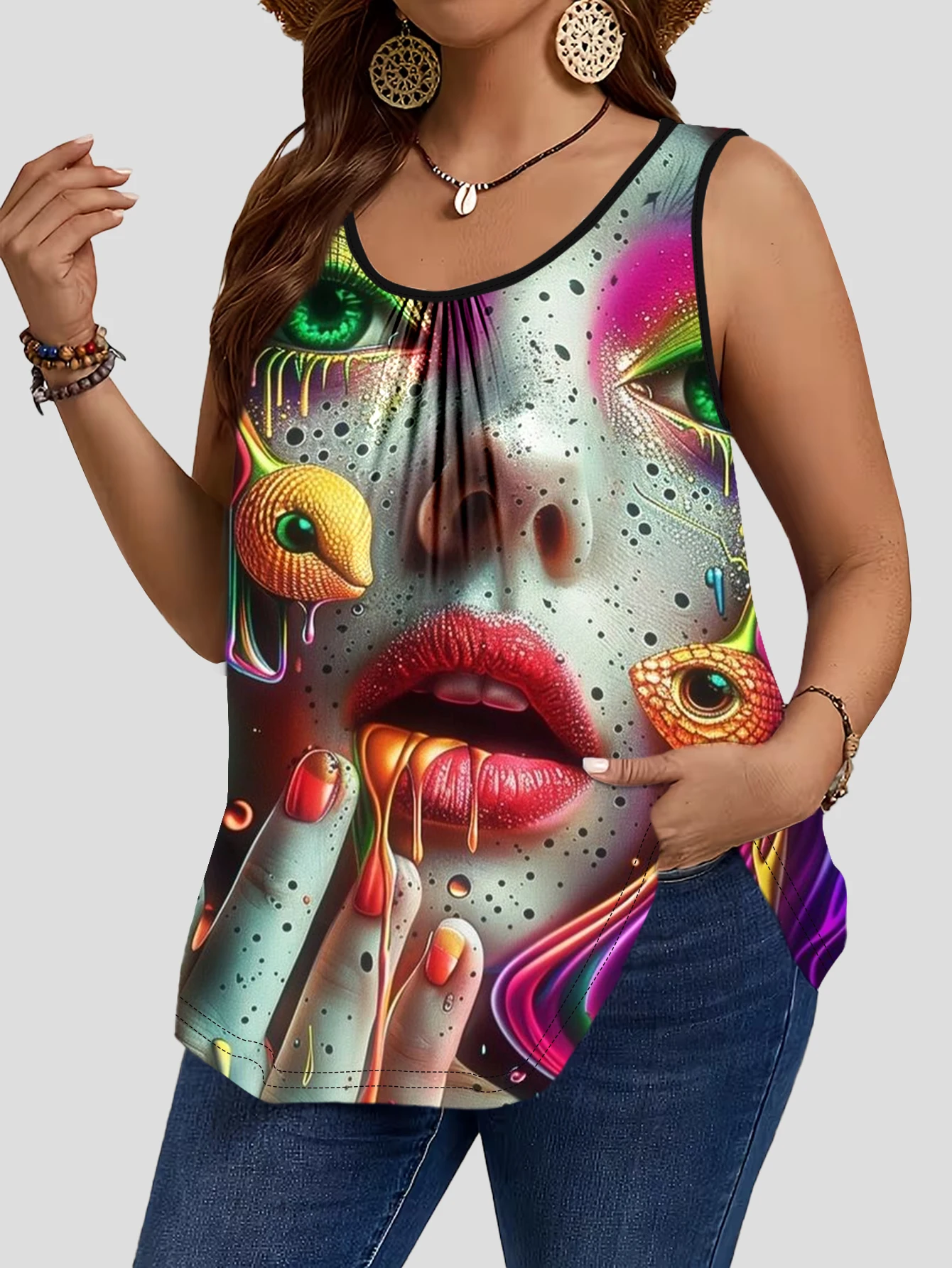 3-Piece Set of Large Size Cyber Neon Painted Portrait Tank Tops, Ruched Round Neck Sleeveless Casual Women's Clothing, Slimming and Flattering 3