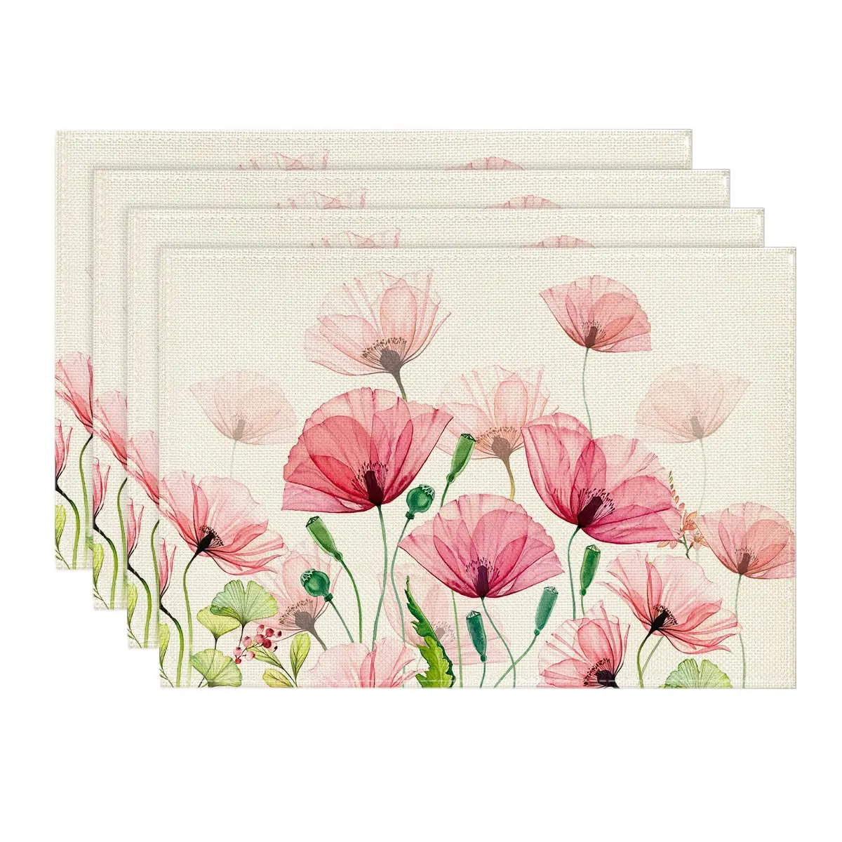 

Poppy Floral Leaves Placemats Set of 4, 12x18 Inch, Spring, Summer, Table Mats for Party, Kitchen, Dining Decoration