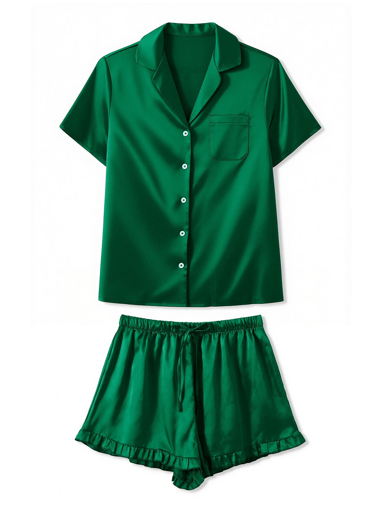 

Женский атласный пижамный комплект с рубашкой на пуговицах с короткими рукавами и шортами с рюшами — удобная одежда для отдыха