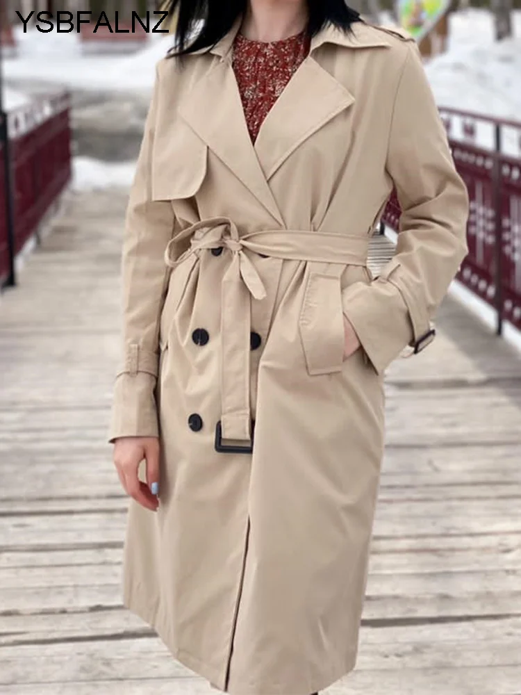 2023 Windbreaker Autumn Winter Women Lapel Double Breasted Trench Coats Office Long With Belt Lining Korean Fashion Clothing