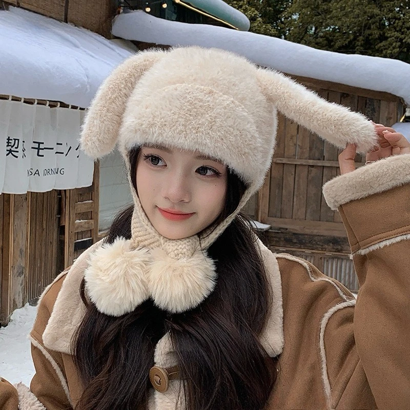 

Милая плюшевая шапка с кроличьими ушками, женская зимняя уличная теплая шапка с наушниками, атмосфера, маленькая вязаная шапка с ощущением лица