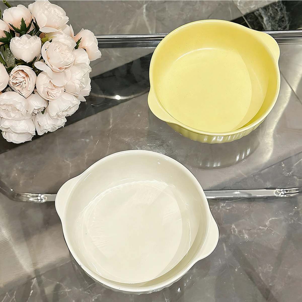 One Double-Ear Ceramic Bowl, Oven, Microwave and Dishwasher Safe. Tableware & Kitchen Utensils for Salad, Pasta view 5