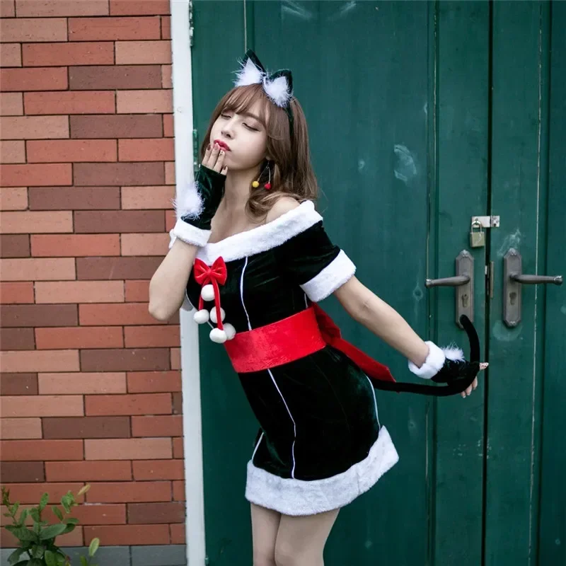 Sexy Christmas Cat Costume for Women Dark green Sexy Off Shoulder Christmas Dress Female Adult Santa Claus Costume Cosplay