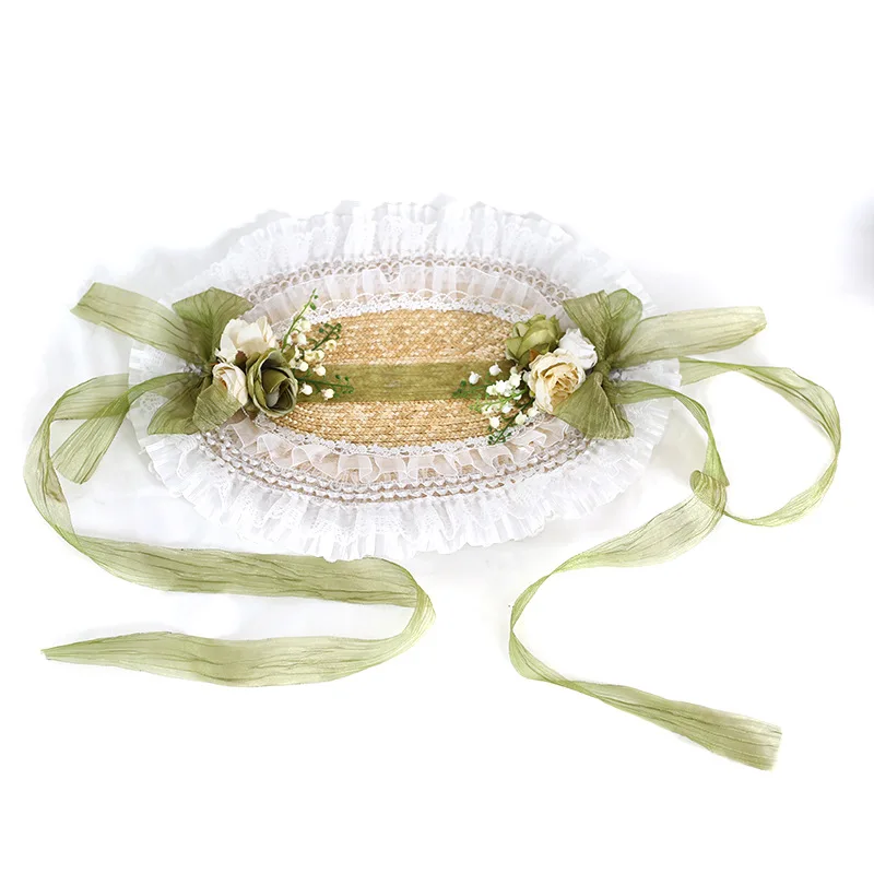 Lolita Headwear Bonette Bow Lace Straw Hat Picnic Basket Bag Girl Spring Summer Hat